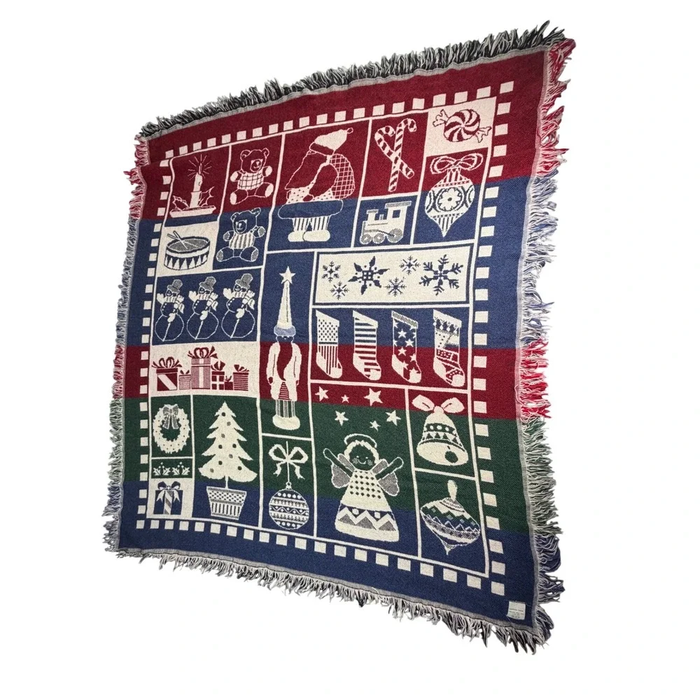 Vintage Coming Home Woven Christmas Throw Blanket Cotton USA Santa Fringe 53x60